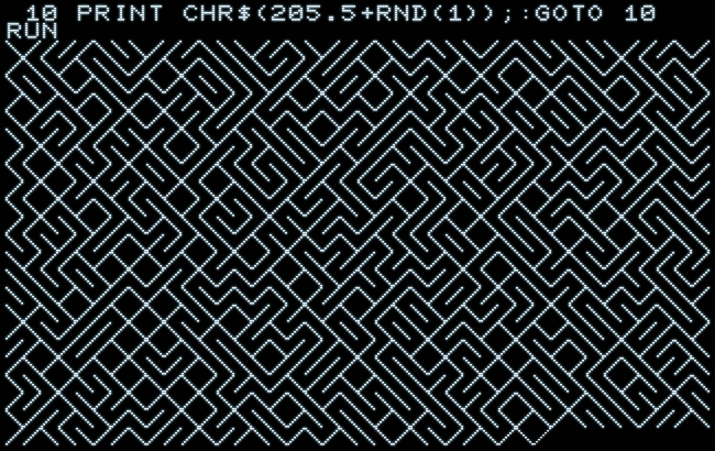 The "10 PRINT" BASIC program (running on an emulated PET): 10 PRINT CHR$(205.5+RND(1)));:GOTO 10