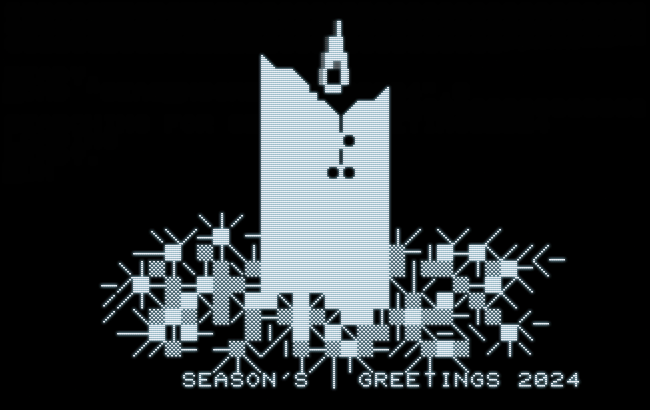 Screenshot: an Advent arrangement with a candle in the middle featuring an animated flame in pure PETSCII graphics