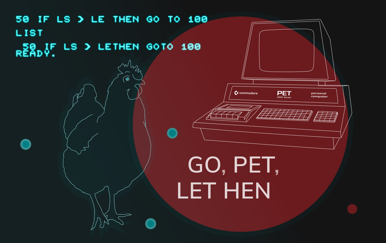 Stylized illustration involving a Commodore PET 2001 computer and a hen.