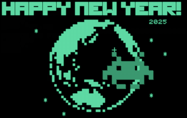 A monochrome screen with PETSCII graphics showing the globe and a some stars and a large-pixel Space Invader in the front, intersecting the globe. A heading in fancy lettering reads ":Happy New Year".