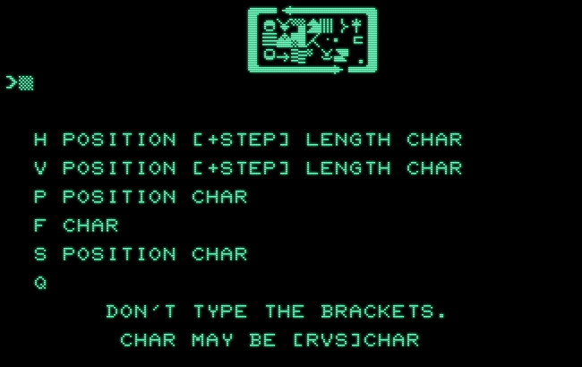 Screenshot “Hi-Res”, Glen Fisher and Dave Dixon, 1980. A 9 by 5 character grid with high-resolution graphics at the top middel, below this a prompt and instructions for drawing into that display.