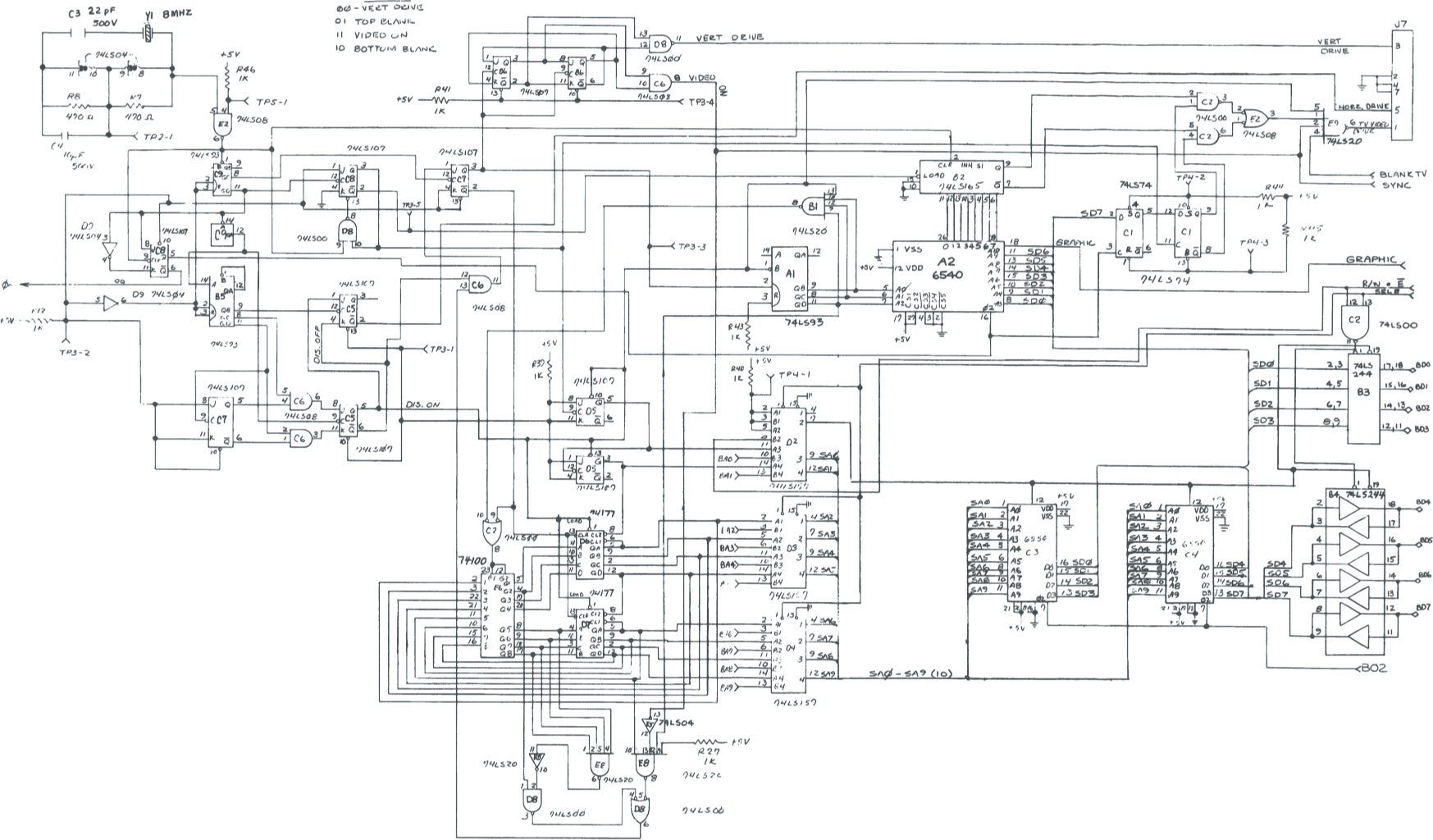 Drawing: schematics of the basic video logic of the original PET 2001.