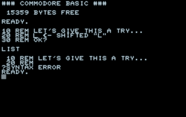 Screenshot, containing a BASIC program with a REM-statement containing a shifted 'L' character. The LIST output stops after printing 'REM' and reports a syntax error.