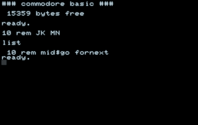 Screenshot: the short program '10 rem JK MN' lists as '10 rem mid$go fornext'.