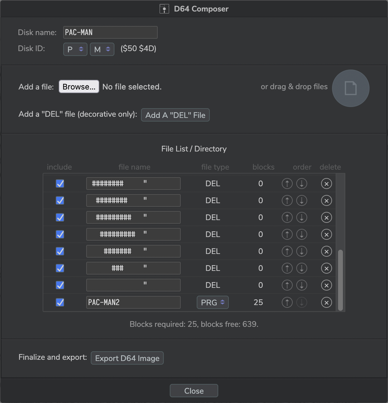 Screenshot: composing a D64 disk image