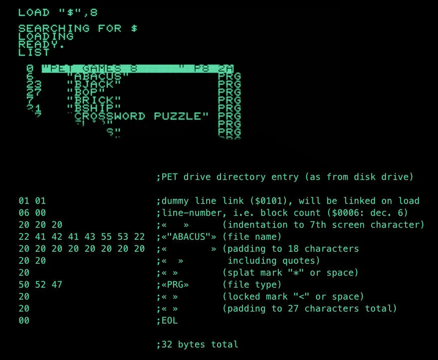 Data view of a file entry in the directory program produced by Commodore disk drives