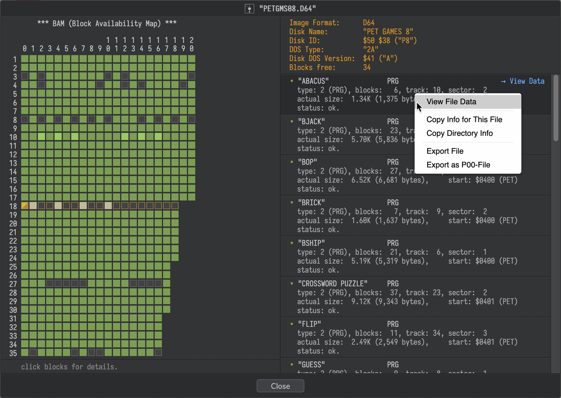 Screenshot: file options in the inspector
