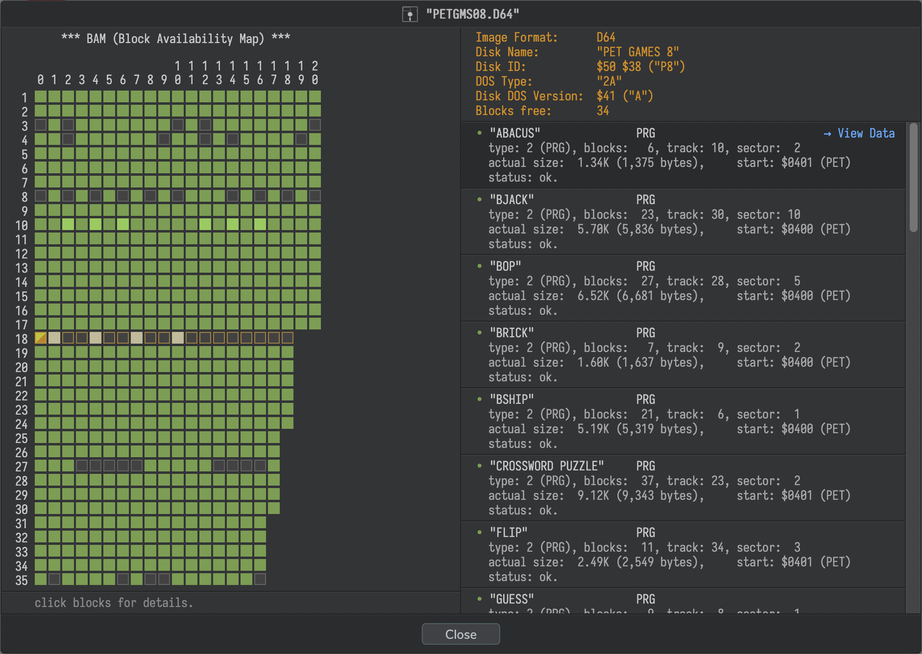 Screenshot: inspecting a D64 disk image