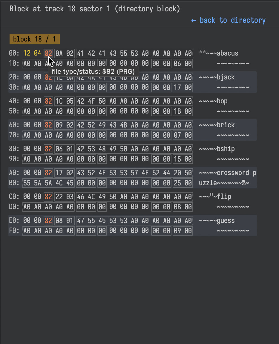 Data view of a directory block in the disk image inspector.