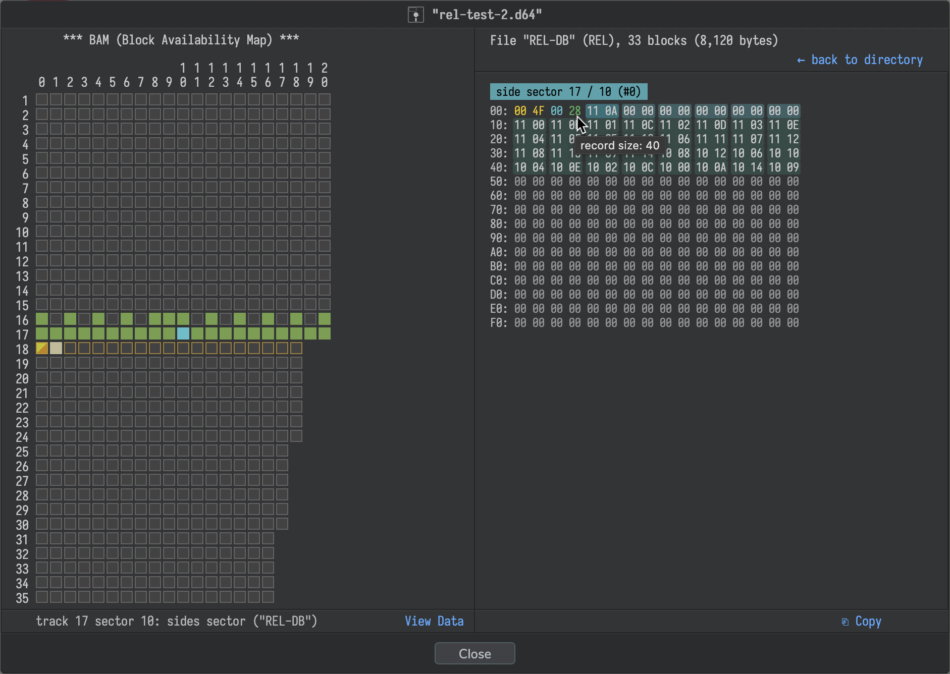 Screenshot: a D64 disk image containing a REL-file in the disk image inspector